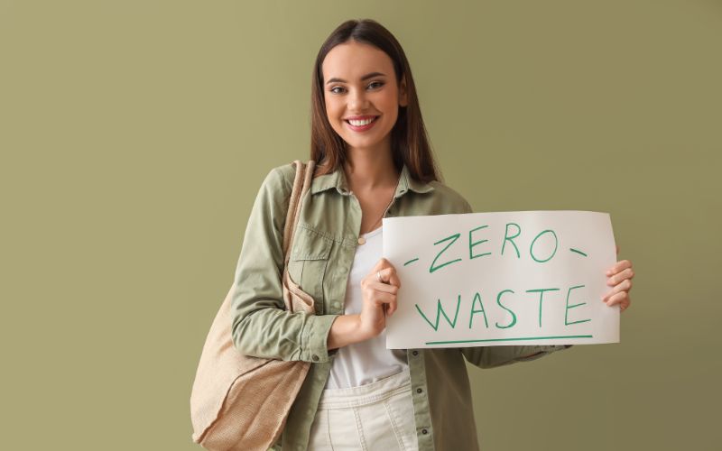 Zdjęcie przedstawia kobietę, która trzyma kartkę z napisem "zero waste" i się uśmiecha