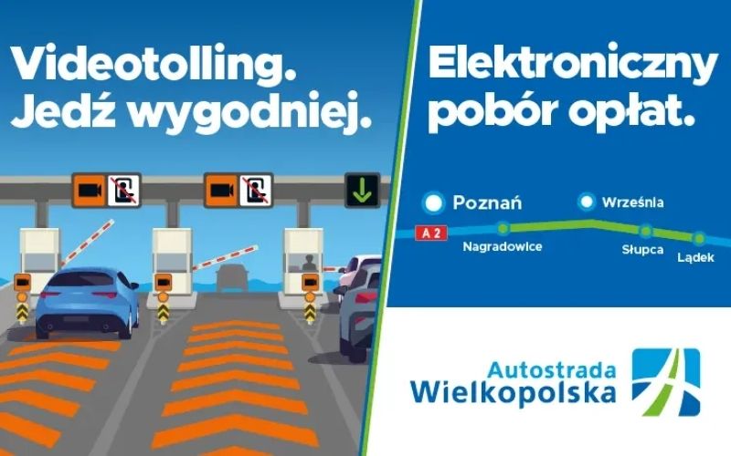 Grafika informacyjna Autostrady Wielkopolskiej przedstawiająca system videotolling.